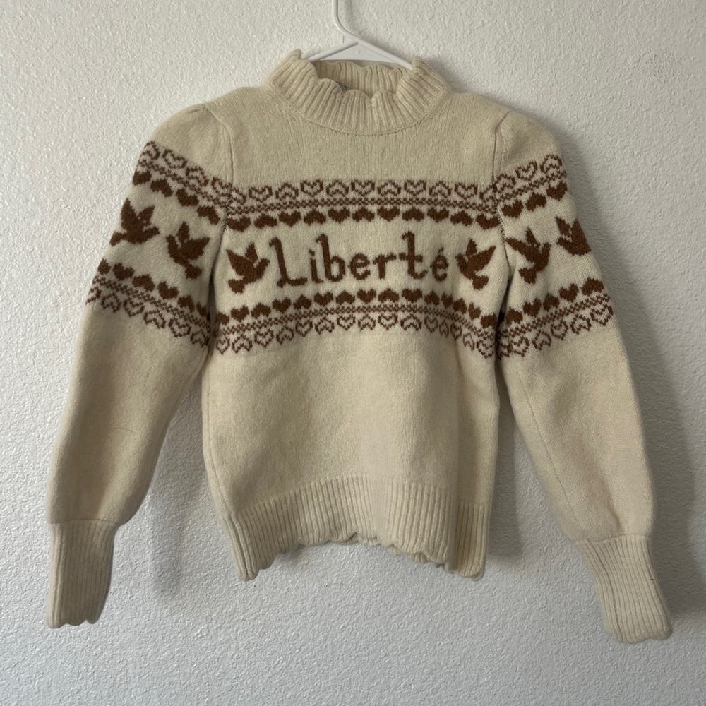 Beulah Cream Brown Liberte Lambswool Pullover Sweater Heart Dove Size Small - Picture 2 of 5